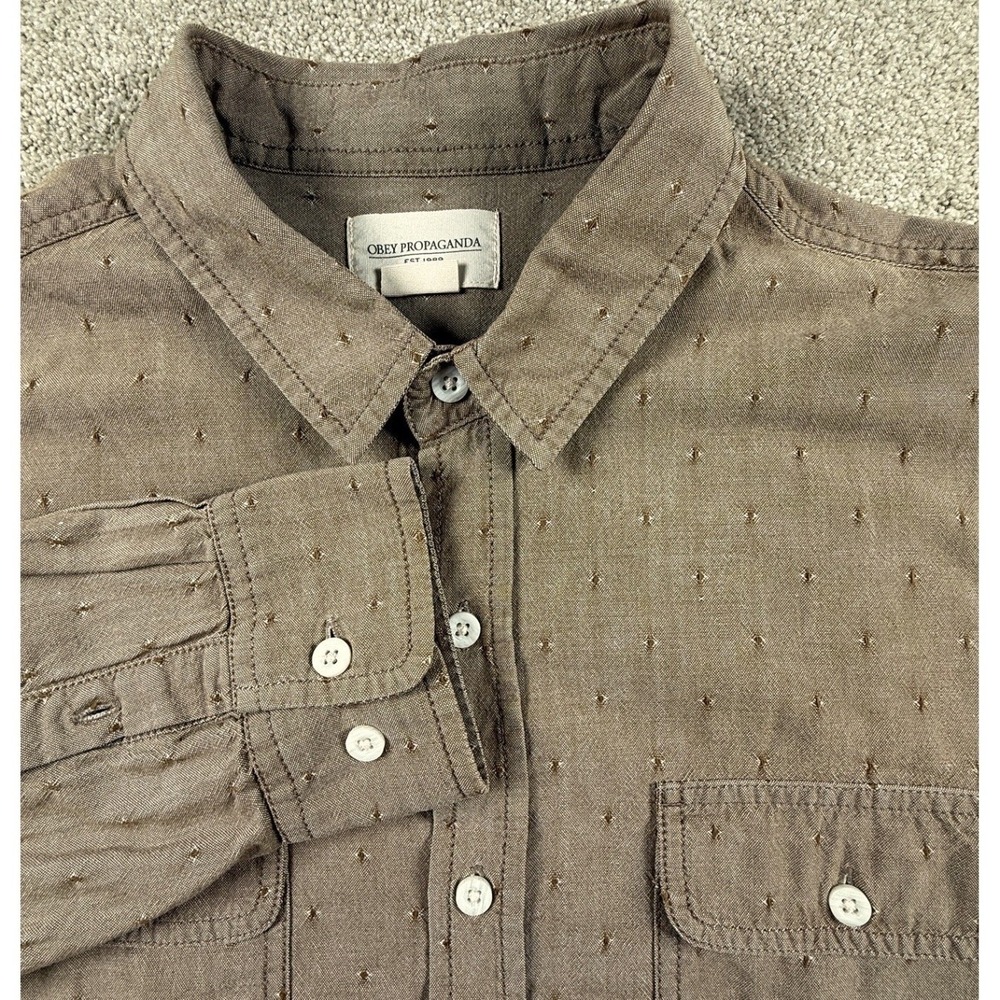 OBEY Propaganda Button Shirt Men Medium‎ Y2k Preppy Streetwear Tan Skate